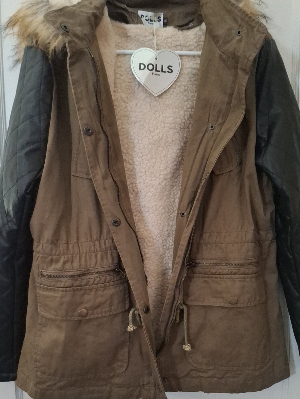 Dolls Paris Olive Utility Jacket with Black Faux Leather Sleeves